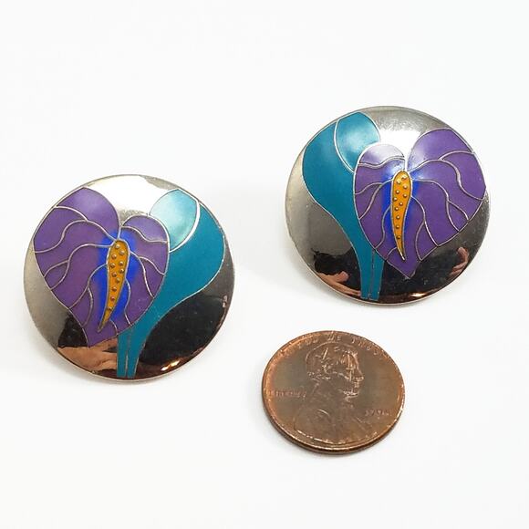 Vintage Laurel Burch "Antherium" Earrings, Rhodium Plated, 1980s Vintage Jewelry - Picture 8 of 10